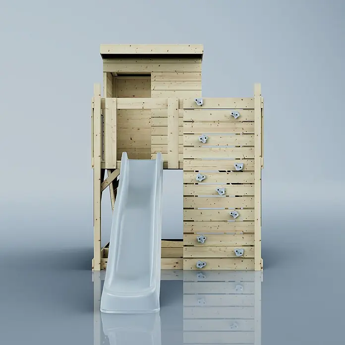 OutdoorToys Kinderspielturm Stelzenhaus Polarlicht - L x B x H: 190 x 415 x 261 cm, Blau - Hölzernes Kinderspielhaus mit Turm, hellgrauer Rutsche und Kletterwand mit grauen Griffen.