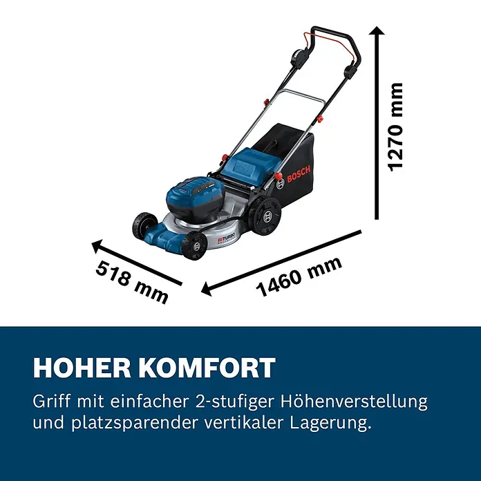 Bosch Professional AMPShare 18V Akku-Rasenmäher GRA 18V2-46 - 18 V, Ohne Akku, Schnittbreite: 46 cm - Blau-schwarzer Bosch Akku-Rasenmäher mit Griffhöhenverstellung und vertikaler Lagerung, Maße angegeben.