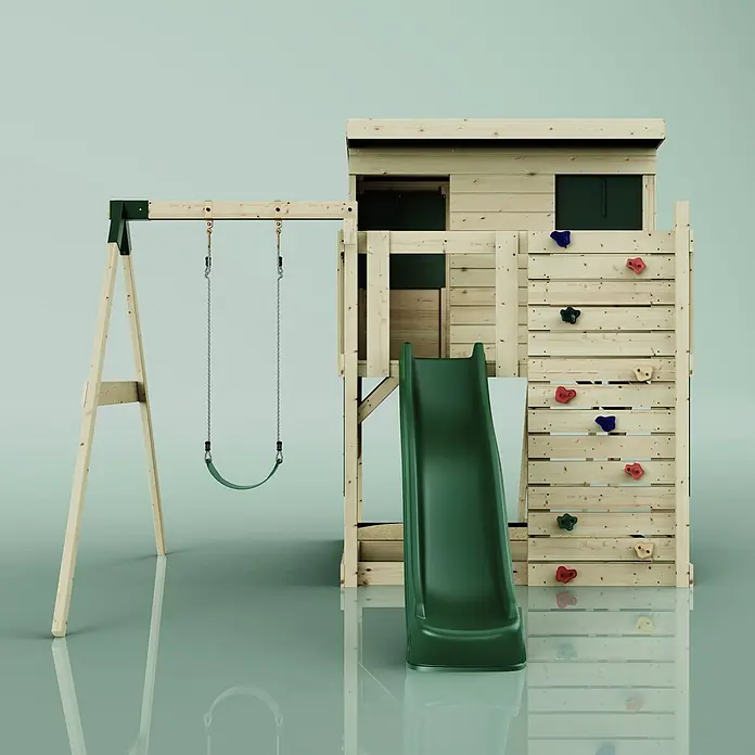 OutdoorToys Kinderspielturm Tjorven - L x B x H: 306 x 415 x 260 cm, Grün - Hölzerner Spielplatz mit dunkelgrüner Schaukel, Rutsche und Kletterwand mit bunten Griffen.