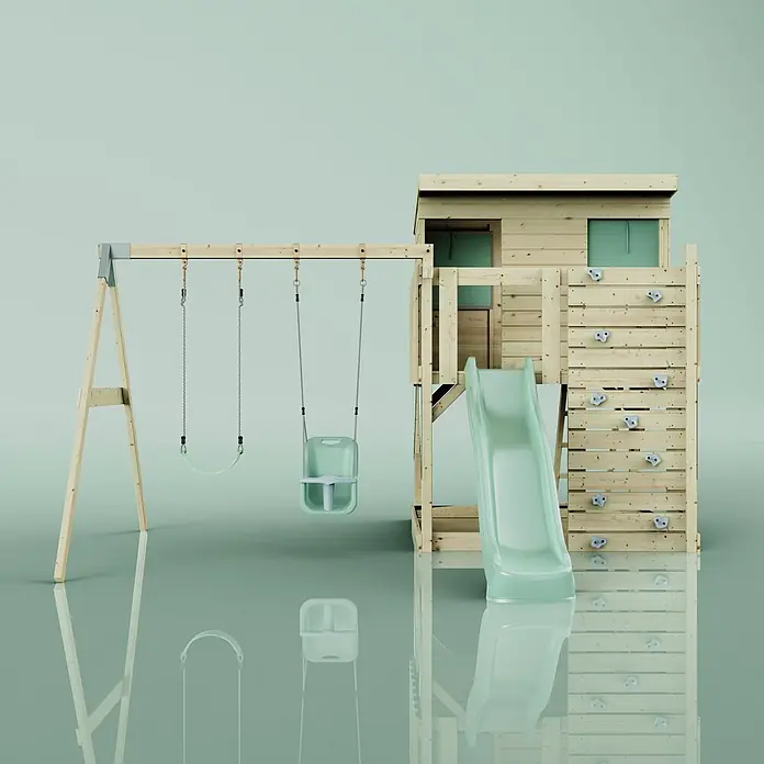 OutdoorToys Kinderspielturm Nils - L x B x H: 396 x 415 x 260 cm, Grün - Hölzernes Spielgerüst mit zwei Schaukeln, einer grünen Rutsche, einem Spielhaus und einer Kletterwand.