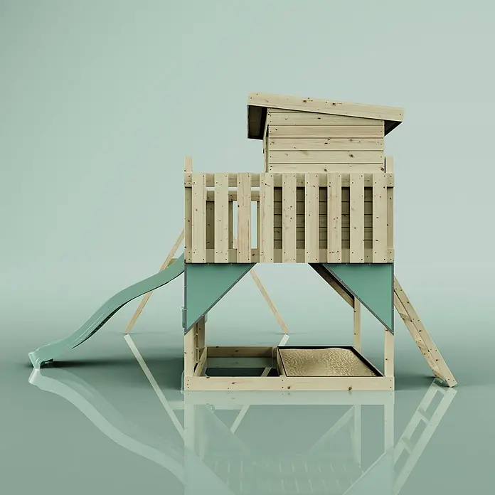 OutdoorToys Kinderspielturm Nils - L x B x H: 396 x 415 x 260 cm, Grün - Spielturm aus Holz mit erhöhtem Haus, grüner Rutsche, Leiter und integriertem Sandkasten.