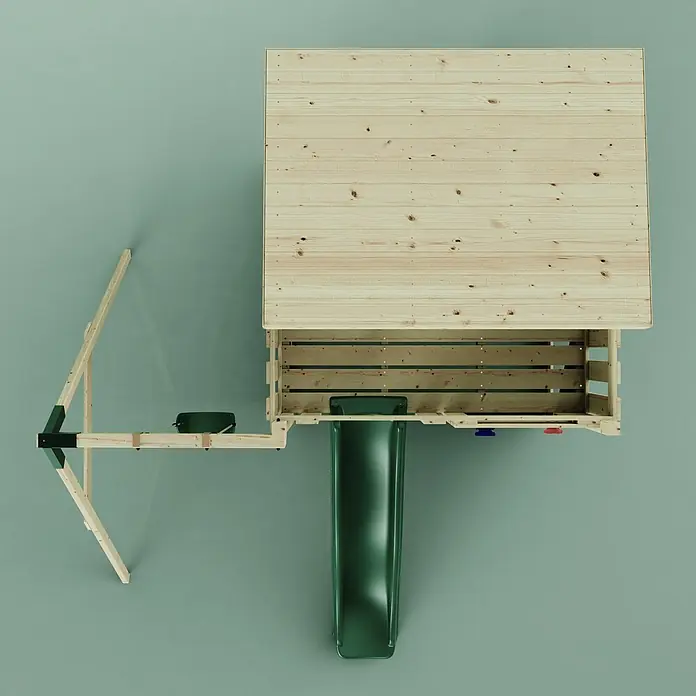 OutdoorToys Kinderspielturm Tjorven - L x B x H: 306 x 415 x 260 cm, Grün - Draufsicht auf ein Holzspielhaus mit grüner Rutsche und einer angeschlossenen Holzschaukel mit grünem Sitz für den Außenbereich.