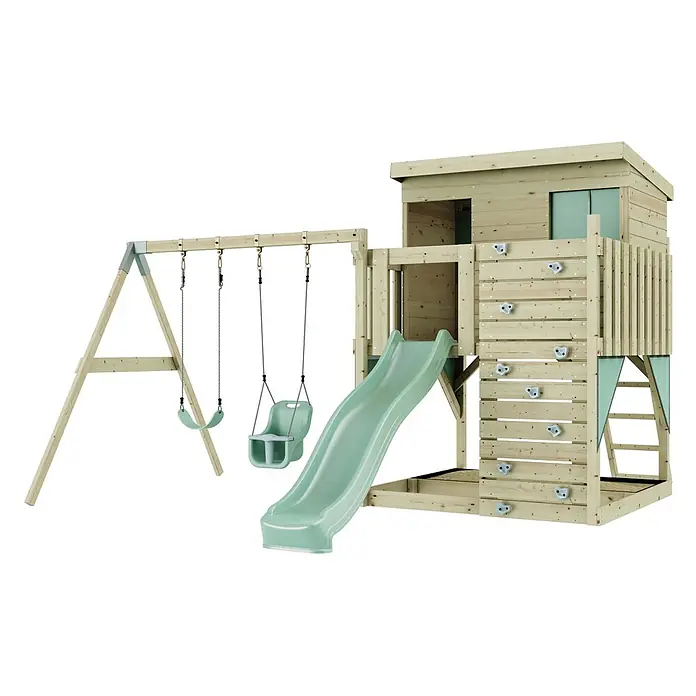 OutdoorToys Kinderspielturm Nils - L x B x H: 396 x 415 x 260 cm, Grün - Spielplatz aus hellem Holz mit zwei Schaukeln, hellgrüner Rutsche, Kletterwand und Spielhaus.