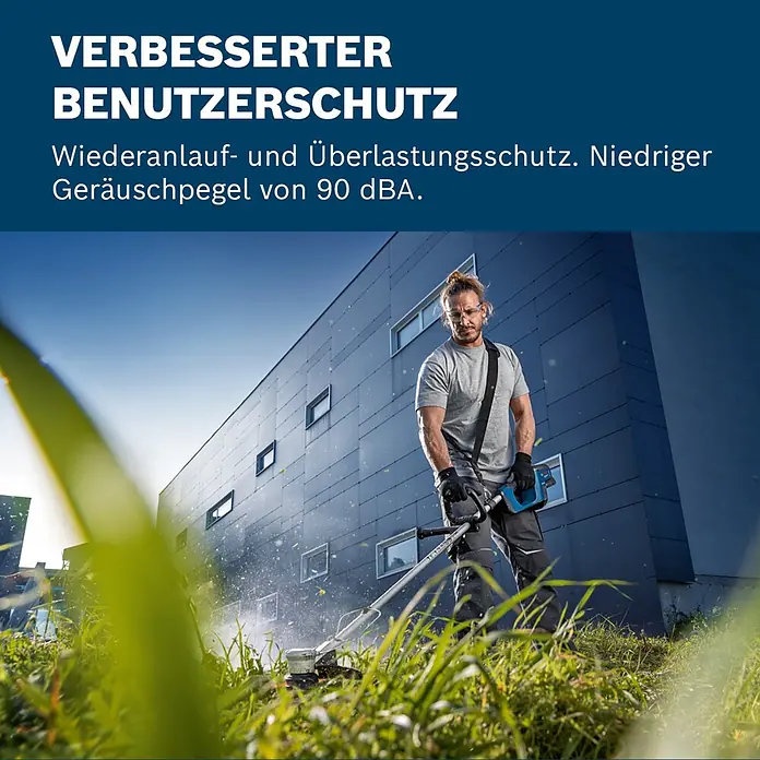 Bosch Professional AMPShare 18V Akku-Rasentrimmer GRT 18V-33 - 18 V, Ohne Akku - Mann trimmt hohes Gras mit einem blauen und grauen Rasentrimmer im Freien.