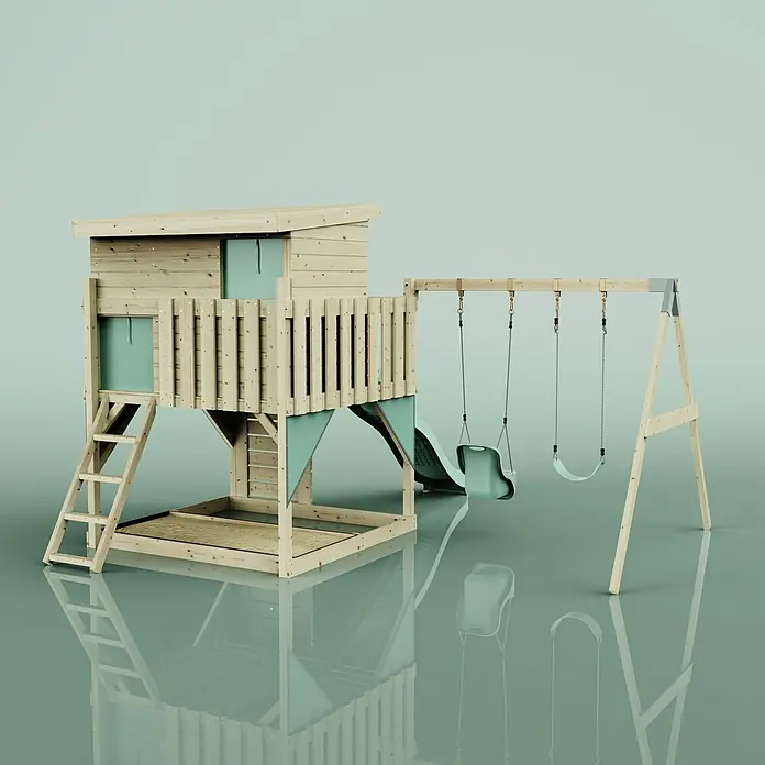 OutdoorToys Kinderspielturm Nils - L x B x H: 396 x 415 x 260 cm, Grün - Outdoor-Holzspielturm mit Rutsche und zwei Schaukeln.