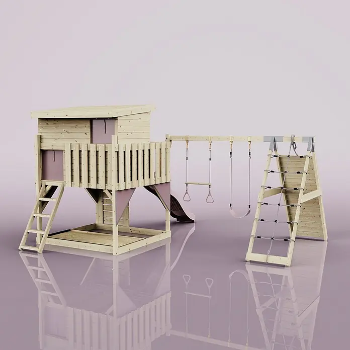OutdoorToys Kinderspielturm Aksel - L x B x H: 469 x 415 x 261 cm, Rosa - Outdoor-Spielplatz aus Holz mit Spielhaus, Rutsche, Schaukeln und Kletternetz, akzentuiert mit mattrosa Paneelen.