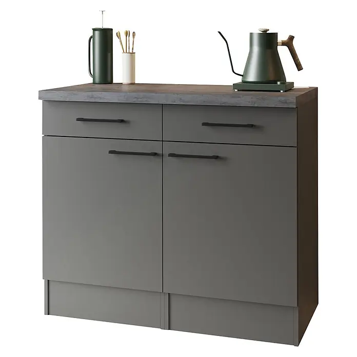 Respekta Oliver Sideboard - Breite: 100 cm, Grau Matt, Ohne Oberschrank - Dunkelgrauer Küchenunterschrank mit zwei Schubladen, zwei Türen und grauer Arbeitsplatte, mit Kaffee- und Teezubehör.