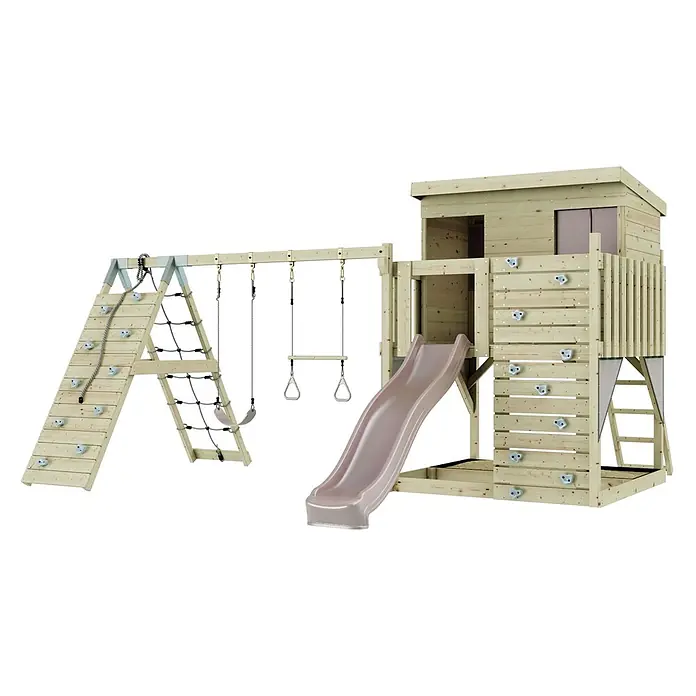 OutdoorToys Kinderspielturm Aksel - L x B x H: 469 x 415 x 261 cm, Rosa - Hölzernes Kinderspielhaus mit Kletterwand, Strickleiter, Schaukeln, Rutsche und Spielturm.