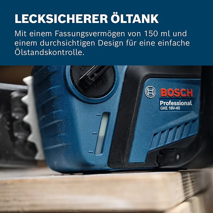Bosch Professional AMPShare 18V Akku-Kettensäge GKE 18V-40 - 18 V, Li-Ionen, Ohne Akku, Schwertlänge: 40 cm - Blau-schwarzes Bosch Professional Werkzeug mit transparentem, lecksicherem 150-ml-Öltank für einfache Ölstandskontrolle.