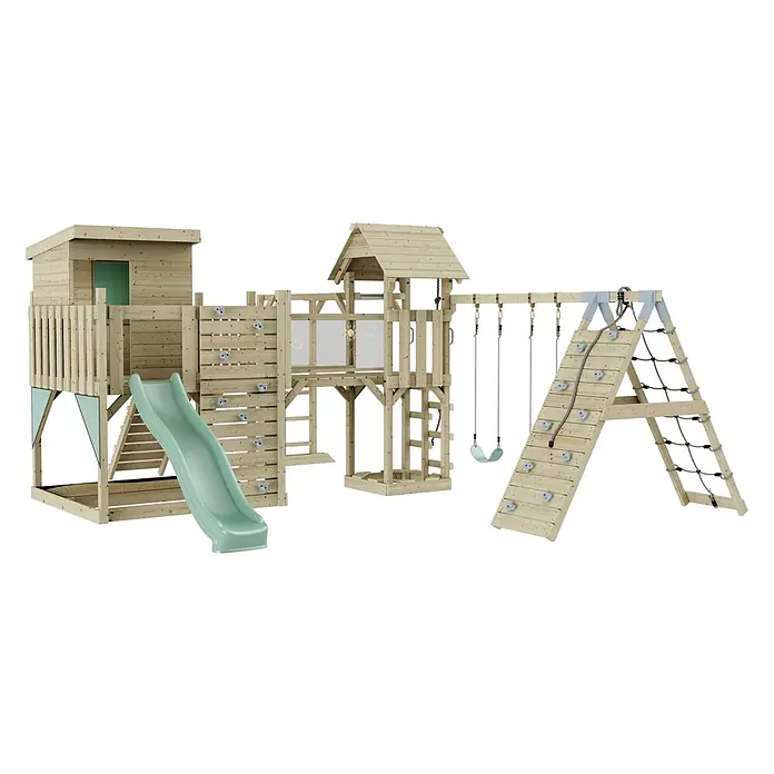 OutdoorToys Kinderspielturm Polarplay Lars - L x B x H: 562 x 503 x 274 cm, Grün - Großes Holzspielplatz-Set mit Spielhaus, Rutsche, Kletterwand, Strickleiter, Schaukeln und Kletterstangen, in Naturholz mit grünen und hellblauen Akzenten.