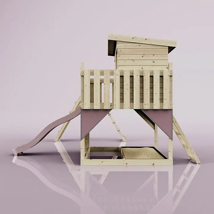OutdoorToys Kinderspielturm Aksel - L x B x H: 469 x 415 x 261 cm, Rosa - Holzspielturm mit erhöhtem Häuschen, Rutsche und integriertem Sandkasten. Helle Holzoptik und rotbraune Akzente.