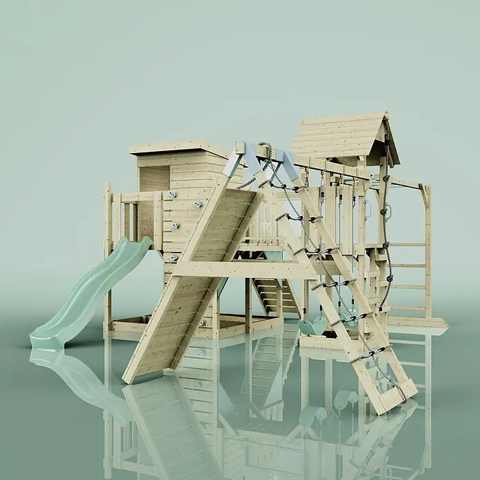 OutdoorToys Kinderspielturm Polarplay Lars - L x B x H: 562 x 503 x 274 cm, Grün - Ein großes Holz-Spielhaus mit Rutsche, Kletterwand, Seilleiter und Schaukeln.