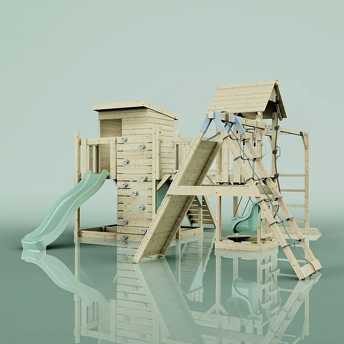 OutdoorToys Kinderspielturm Polarplay Tessa - L x B x H: 490 x 503 x 274 cm, Grün - Hölzernes Spielgerüst mit grüner Rutsche, Kletterwand, Seilen und einer Babyschaukel für Kinder im Freien.