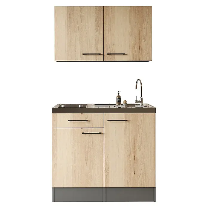 Respekta Miniküche Oliver - Breite: 100 cm, Artisan Eiche Nachbildung, Mit Glaskeramikkochfeld, Mit Oberschrank - Helle Holzküchenzeile mit dunkelgrauer Arbeitsplatte, Spüle, Armatur und Kochfeld, mit schwarzen Griffen.