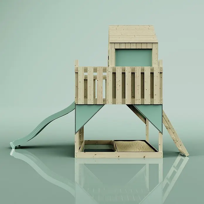OutdoorToys Kinderspielturm Spielhaus Meteorit - L x B x H: 415 x 191 x 292 cm, Grün - Hölzernes Spielhaus mit hellgrüner Rutsche, integriertem Sandkasten und Leiter für Kinder.