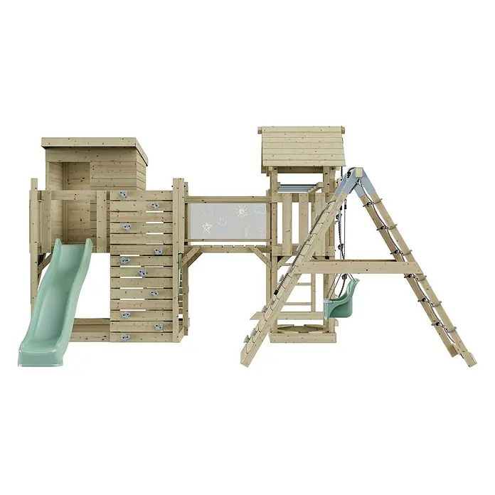 OutdoorToys Kinderspielturm Polarplay Tessa - L x B x H: 490 x 503 x 274 cm, Grün - Hölzernes Spielturm mit hellgrüner Rutsche, Schaukel, Kletterwand, Kreidetafel und Strickleiter.