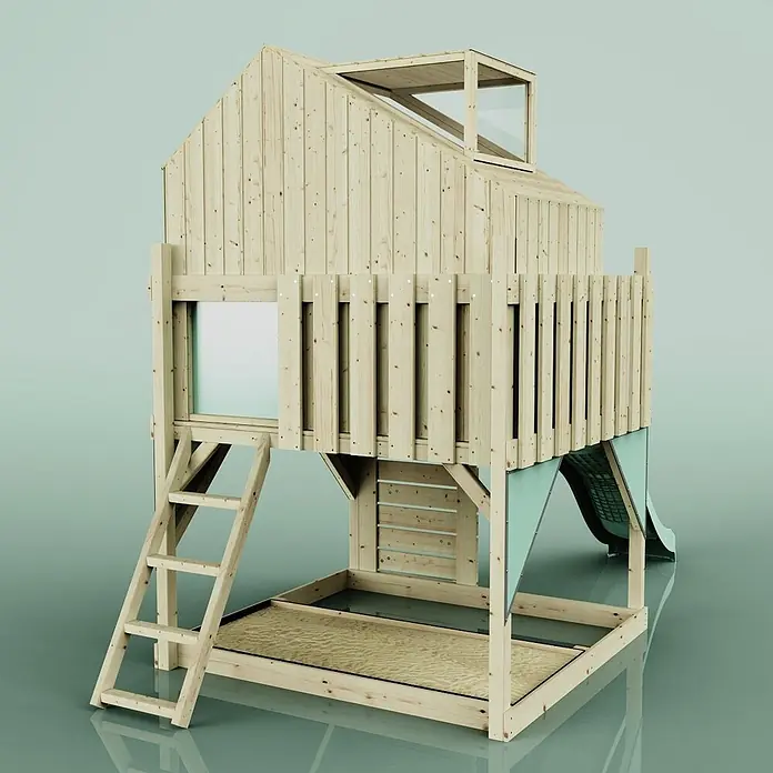 OutdoorToys Kinderspielturm Spielhaus Meteorit - L x B x H: 415 x 191 x 292 cm, Grün - Hölzernes Spielhausbett mit Leiter, Sandkastenbasis, Rutsche, erhöhtem Schlafbereich und Dachfenster.