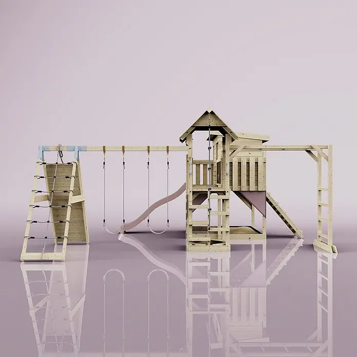 OutdoorToys Kinderspielturm Polarplay Malin - L x B x H: 562 x 503 x 274 cm, Rosa - Helles Holz-Kinderspielplatz mit Rutsche, Schaukeln, Kletternetz und Spielhausstruktur.