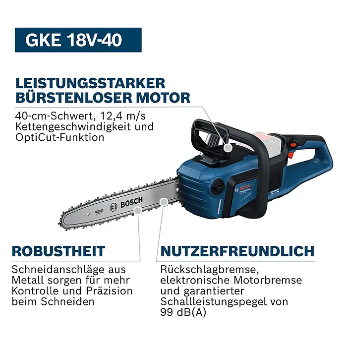 Bosch Professional AMPShare 18V Akku-Kettensäge GKE 18V-40 - 18 V, Li-Ionen, Ohne Akku, Schwertlänge: 40 cm - Eine blaue und schwarze Bosch GKE 18V-40 Akku-Kettensäge mit 40 cm Schwert und leistungsstarkem bürstenlosem Motor zum effizienten Schneiden.