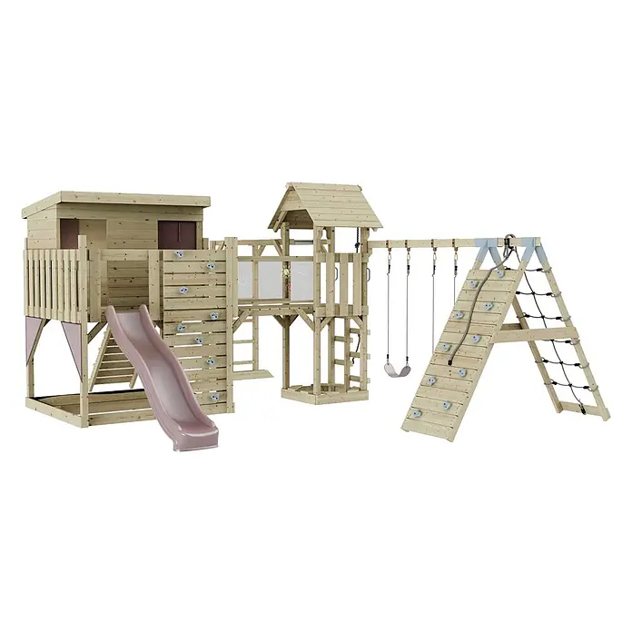 OutdoorToys Kinderspielturm Polarplay Malin - L x B x H: 562 x 503 x 274 cm, Rosa - Ein großer Spielplatz aus Naturholz mit Spielhaus, rosa Rutsche, Kletterwand, Schaukeln und Seil-/Netzleitern.