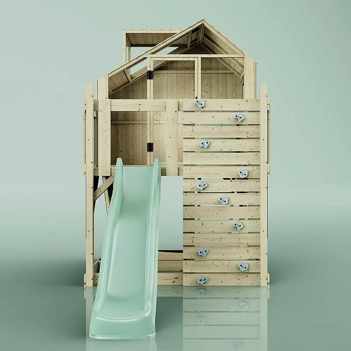 OutdoorToys Kinderspielturm Spielhaus Meteorit - L x B x H: 415 x 191 x 292 cm, Grün - Hölzernes Spielhaus mit hellgrüner Rutsche und Kletterwand mit grauen Griffen.