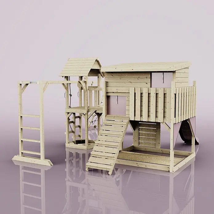 OutdoorToys Kinderspielturm Polarplay Malin - L x B x H: 562 x 503 x 274 cm, Rosa - Hölzernes Outdoor-Spielgerät mit mehrstöckigem Baumhaus, Kletterleiter, Reckstange, Rutsche und Sandkasten, mit rosa Stoffdetails.
