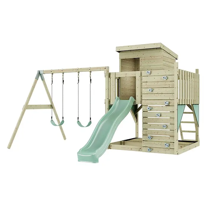 OutdoorToys Kinderspielturm Björn - L x B x H: 396 x 415 x 261 cm, Grün - Hölzerner Spielturm mit zwei Schaukeln, einer hellgrünen Rutsche, einer Kletterwand und einem Spielhaus.