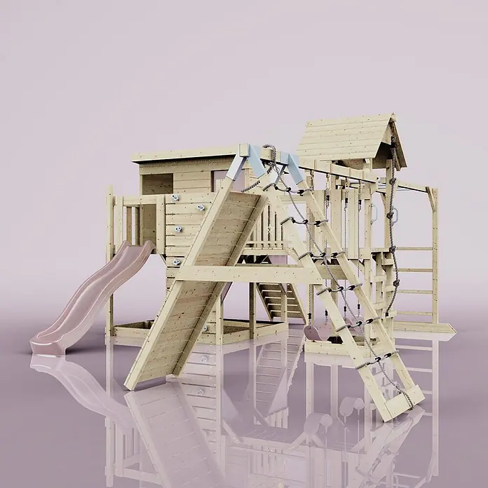 OutdoorToys Kinderspielturm Polarplay Malin - L x B x H: 562 x 503 x 274 cm, Rosa - Spielturm aus Naturholz mit rosa Rutsche, Kletterwand, Kletternetz und Schaukeln.