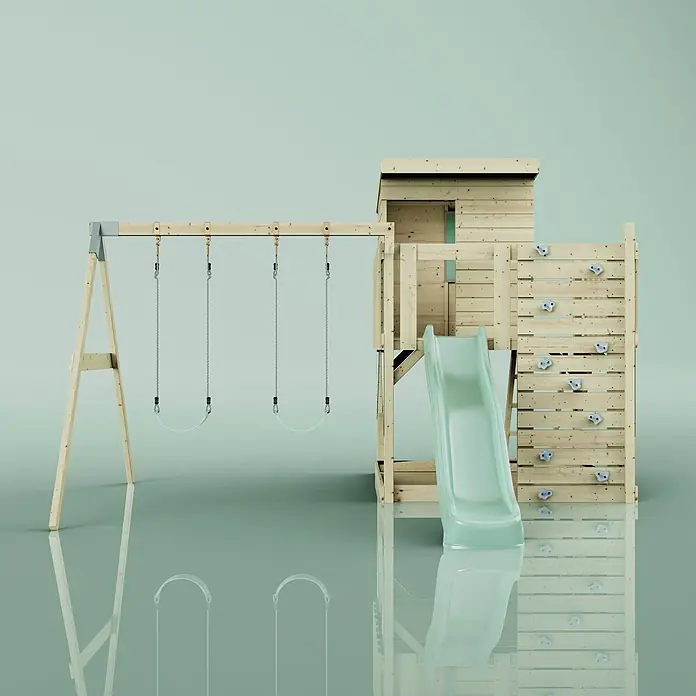 OutdoorToys Kinderspielturm Björn - L x B x H: 396 x 415 x 261 cm, Grün - Hölzerne Schaukel und Spielgerüst mit Kletterwand, mintgrüner Rutsche und zwei Schaukeln.
