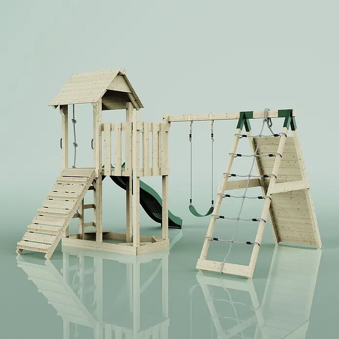 OutdoorToys Kinderspielturm Farö - L x B x H: 364 x 357 x 273 cm, Grün - Hölzernes Spielgerüst mit Turm, Leiter, grüner Rutsche, zwei grünen Schaukeln und Kletternetz am A-Rahmen.