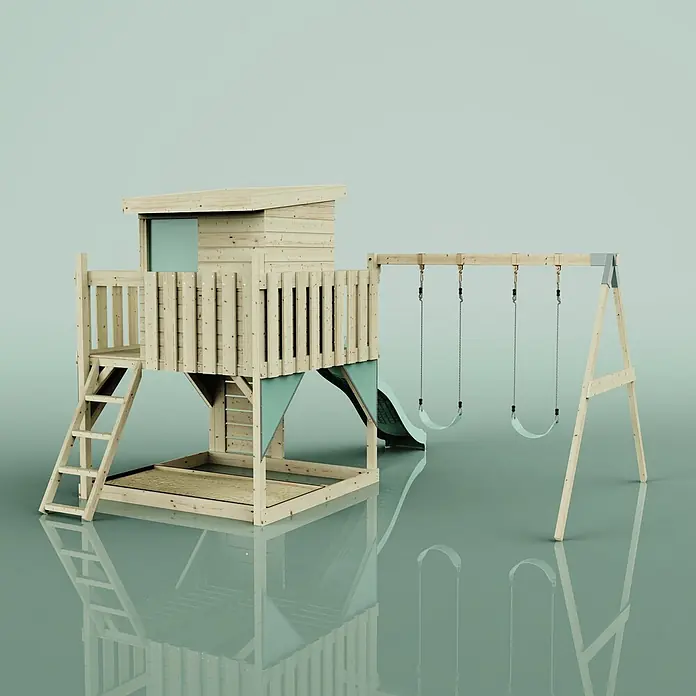 OutdoorToys Kinderspielturm Björn - L x B x H: 396 x 415 x 261 cm, Grün - Ein hölzerner Kinderspielplatz mit Spielhaus, Rutsche, integriertem Sandkasten und Schaukelgestell mit zwei Schaukeln. Aus hellem Holz mit mintgrünen Akzenten.