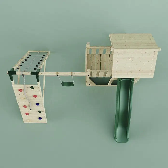 OutdoorToys Kinderspielturm Farö - L x B x H: 364 x 357 x 273 cm, Grün - Hölzernes Kinderspielgerät mit Kletterwand, Seilnetz, Schaukel und grüner Rutsche.