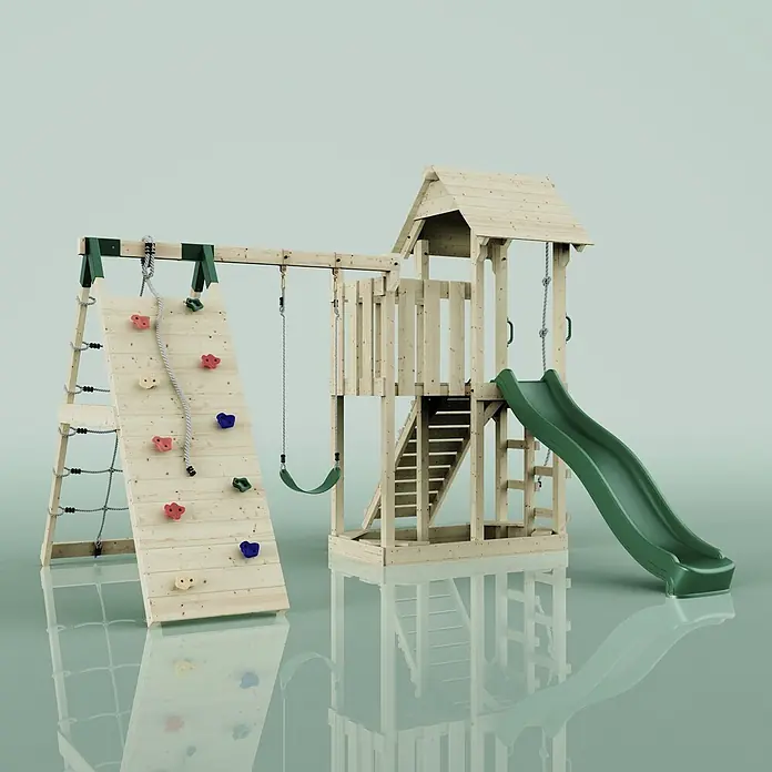 OutdoorToys Kinderspielturm Farö - L x B x H: 364 x 357 x 273 cm, Grün - Spielturm aus Holz mit Kletterwand, Schaukel und grüner Rutsche.