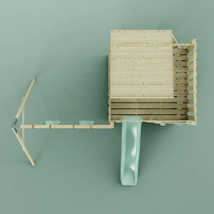 OutdoorToys Kinderspielturm Björn - L x B x H: 396 x 415 x 261 cm, Grün - Holzspielplatz mit erhöhter Plattform, grüner Rutsche und Schaukelgestell mit zwei Sitzen.
