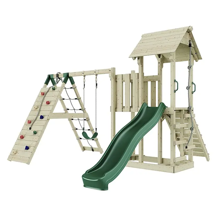 OutdoorToys Kinderspielturm Farö - L x B x H: 364 x 357 x 273 cm, Grün - Spielturm aus Holz mit grüner Rutsche, Kletterwand, Strickleiter und Schaukel.