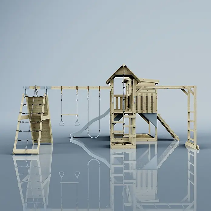 OutdoorToys Kinderspielturm Polarplay Malin - L x B x H: 562 x 503 x 274 cm, Blau - Spielturm aus Holz mit Rutsche, Schaukeln, Kletternetz und Seil. Ideal für Kinder im Freien.
