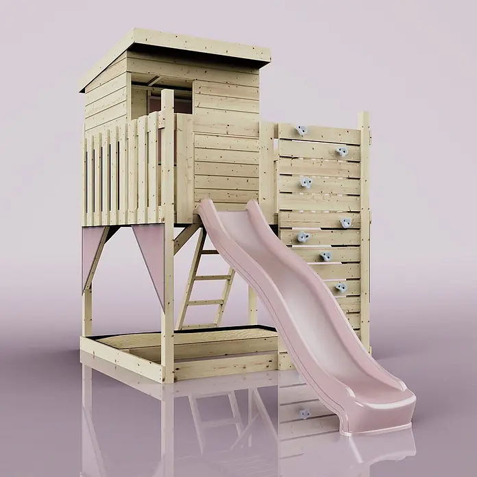 OutdoorToys Kinderspielturm Stelzenhaus Polarlicht - L x B x H: 190 x 415 x 261 cm, Rosa - Spielturm aus Holz mit erhöhtem Spielhaus, rosafarbener Rutsche, Kletterwand mit Griffen und integriertem Sandkasten.