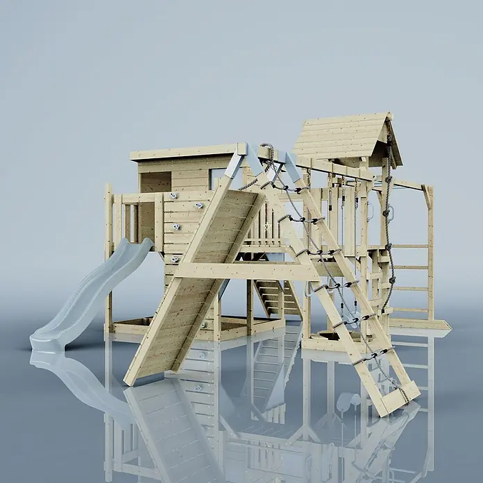 OutdoorToys Kinderspielturm Polarplay Malin - L x B x H: 562 x 503 x 274 cm, Blau - Hölzerner Kinderspielplatz mit grauer Rutsche, Kletterwand und Strickleiter, inklusive mehrstöckigem Spielhaus.