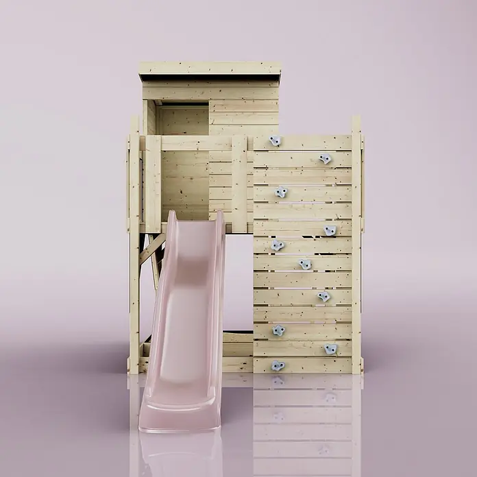 OutdoorToys Kinderspielturm Stelzenhaus Polarlicht - L x B x H: 190 x 415 x 261 cm, Rosa - Holzspielturm mit rosa Rutsche und Kletterwand mit grauen Griffen.
