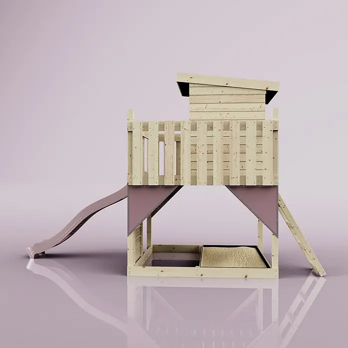 OutdoorToys Kinderspielturm Stelzenhaus Polarlicht - L x B x H: 190 x 415 x 261 cm, Rosa - Hölzernes Kinderspielgerät mit Rutsche, erhöhtem Spielhaus und integriertem Sandkasten, mit rosa Akzenten.