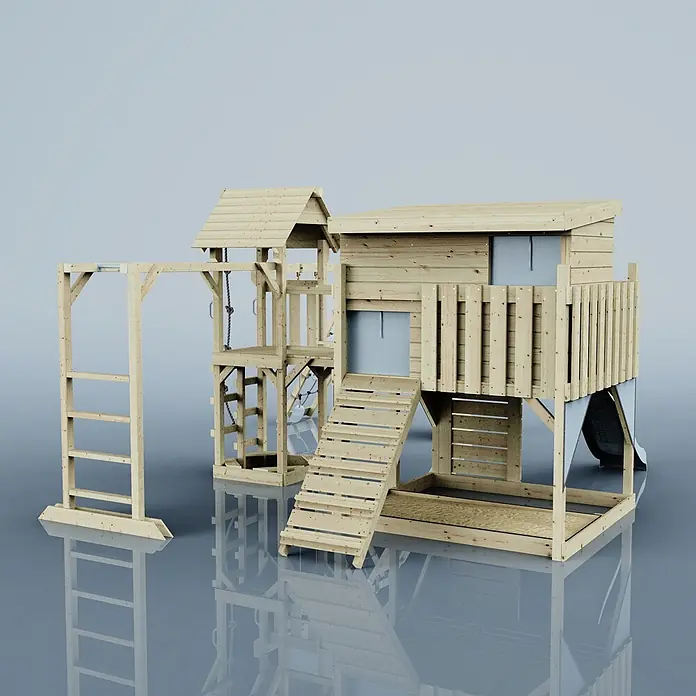 OutdoorToys Kinderspielturm Polarplay Malin - L x B x H: 562 x 503 x 274 cm, Blau - Spielplatz aus hellem Holz mit Spielhaus, Rutsche, Kletterelementen und Sandkasten.