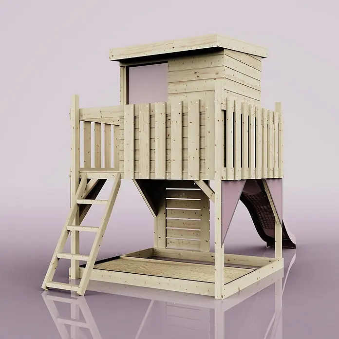 OutdoorToys Kinderspielturm Stelzenhaus Polarlicht - L x B x H: 190 x 415 x 261 cm, Rosa - Hölzernes Spielhaus mit erhöhter Kabine, Leiter, Balkon, Rutsche und integriertem Sandkasten. Helles Holz mit rosa Akzenten.