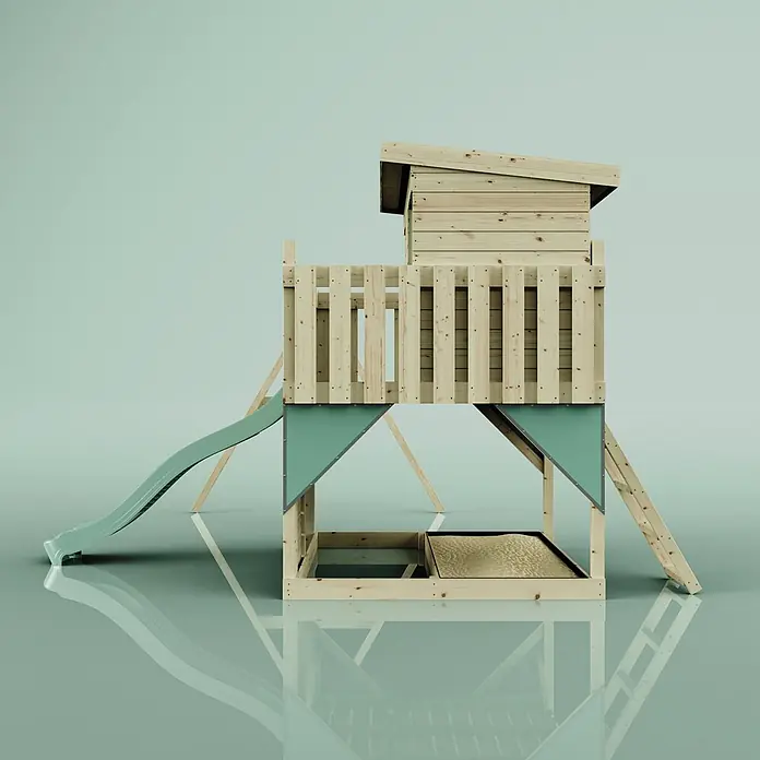 OutdoorToys Kinderspielturm Nils - L x B x H: 396 x 415 x 260 cm, Grün - Hölzernes Spielhaus mit erhöhter Plattform, hellgrüner Rutsche und integriertem Sandkasten.