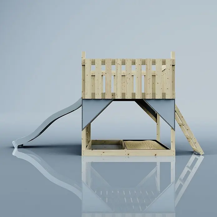 OutdoorToys Kinderspielturm Plattform Sternenhimmel - L x B x H: 415 x 191 x 205 cm, Blau - Spielturm aus Holz mit grauer Rutsche, Leiter und integriertem Sandkasten.