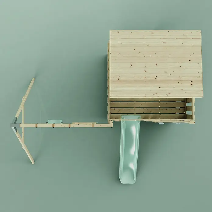 OutdoorToys Kinderspielturm Nils - L x B x H: 396 x 415 x 260 cm, Grün - Hölzerner Spielplatz mit hellgrüner Rutsche und Schaukelbefestigung, von oben gesehen.