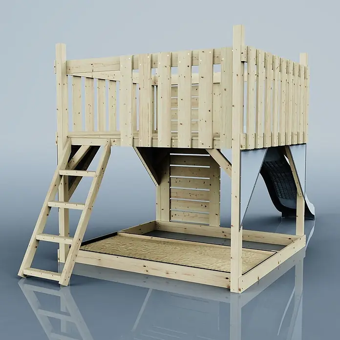 OutdoorToys Kinderspielturm Plattform Sternenhimmel - L x B x H: 415 x 191 x 205 cm, Blau - Hölzerner Spielturm mit Leiter, erhöhter Plattform, integriertem Sandkasten und Wellenrutsche.