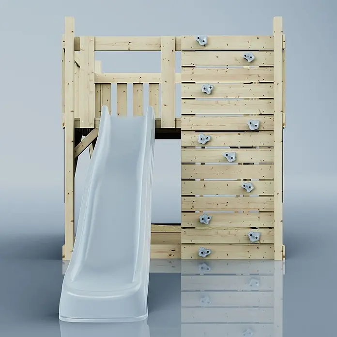 OutdoorToys Kinderspielturm Plattform Sternenhimmel - L x B x H: 415 x 191 x 205 cm, Blau - Hölzerner Spielturm mit weißer Rutsche und Kletterwand mit grauen Griffen.