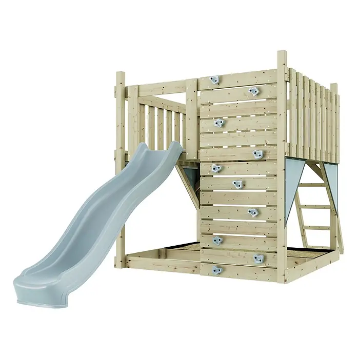 OutdoorToys Kinderspielturm Plattform Sternenhimmel - L x B x H: 415 x 191 x 205 cm, Blau - Hölzernes Spielgerüst mit hellblauer Rutsche und Kletterwand mit weißen Griffen.