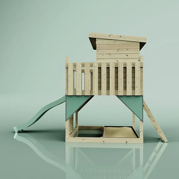 OutdoorToys Kinderspielturm Stelzenhaus Polarstern - L x B x H: 190 x 415 x 260 cm, Grün - Holzspielturm mit Haus, grüner Rutsche und integriertem Sandkasten.