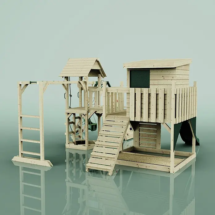 OutdoorToys Kinderspielturm Polarplay Tessa - L x B x H: 490 x 503 x 274 cm, Grün - Helles Holzspielgerät mit Schaukeln, Rutschen, Kletterelementen und Spielhaus.